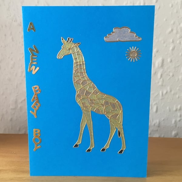 Blue Giraffe New Baby Boy Card