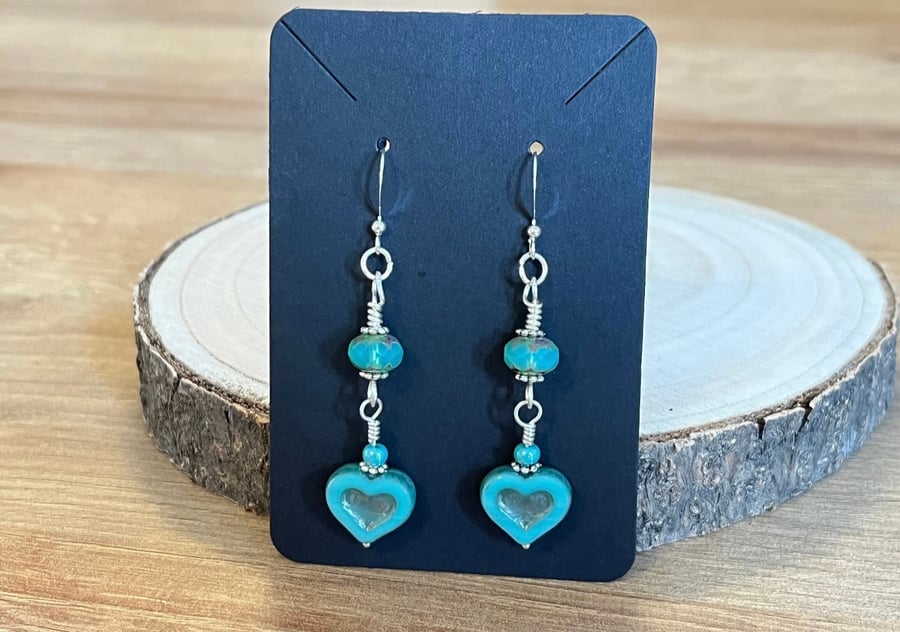 Turquoise heart Czech glass bead earrings