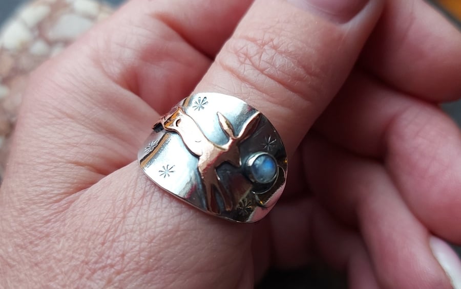 Silver leaping hare and moon ring with copper hare and moonstone