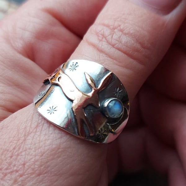 Silver leaping hare and moon ring with copper hare and moonstone