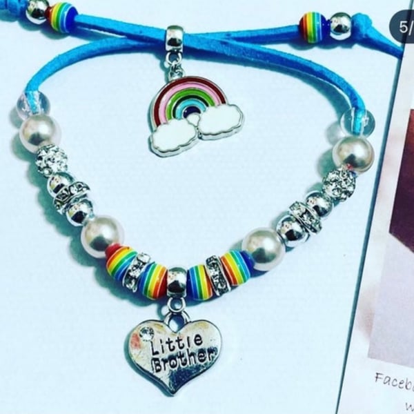 Little brother blue suede effect corded bracelet rainbow charm bracelet matching