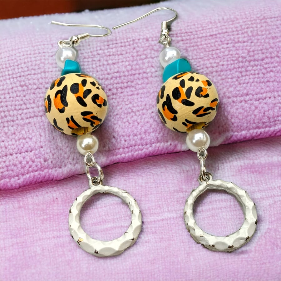 Handmade Upcycled Dangly Leopard Print Earrings 