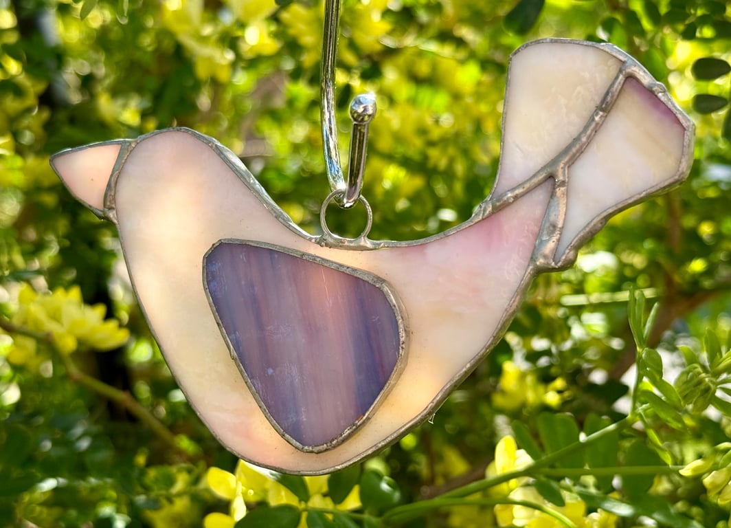 Stained Glass Dove Suncatcher - White with pink and purple wing