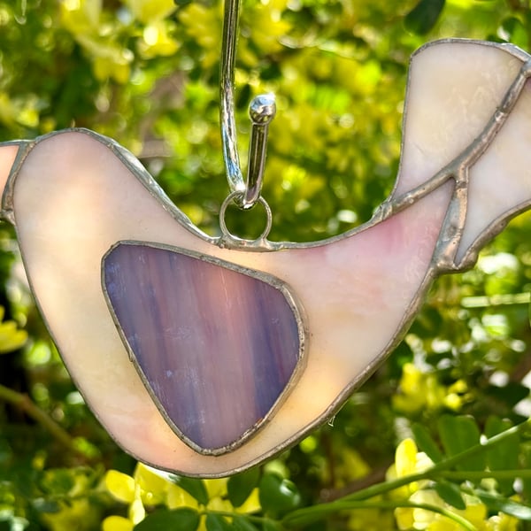 Stained Glass Dove Suncatcher - White with pink and purple wing