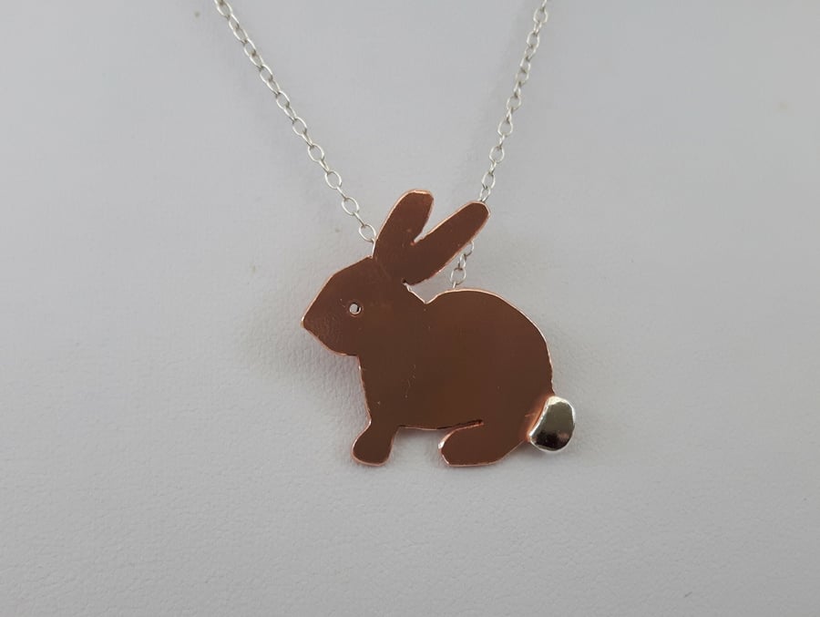 Bunny Pendant Necklace, Copper and Sterling Silver. 