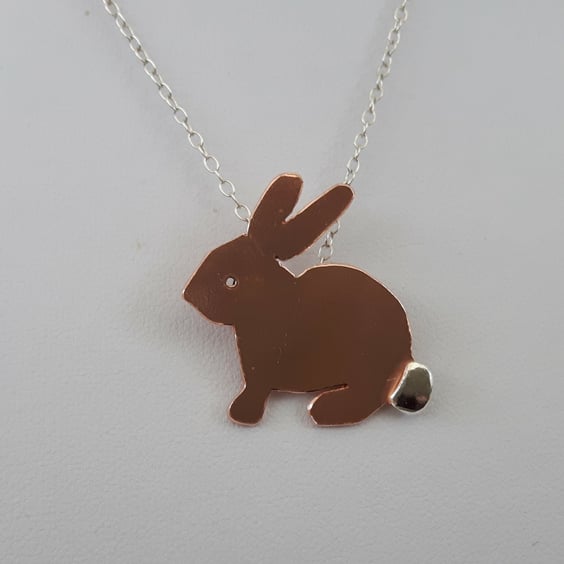 Bunny Pendant Necklace, Copper and Sterling Silver. 