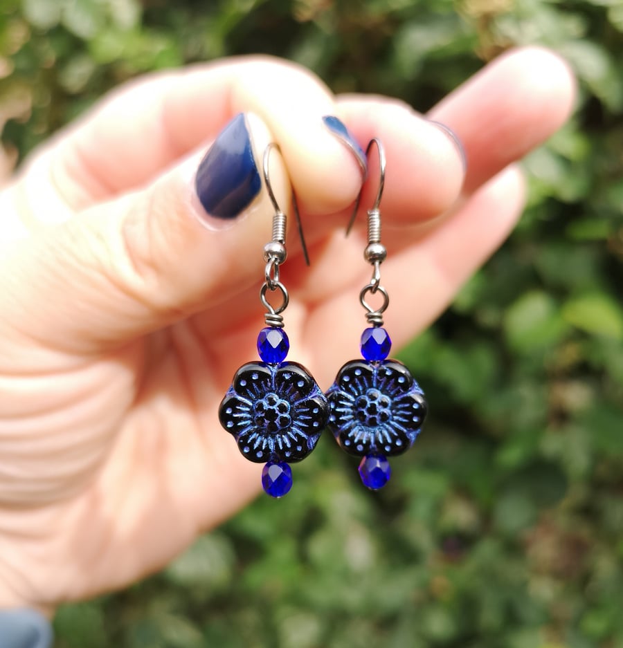 Black and blue flower Czech glass bead earrings with gunmetal ear wires