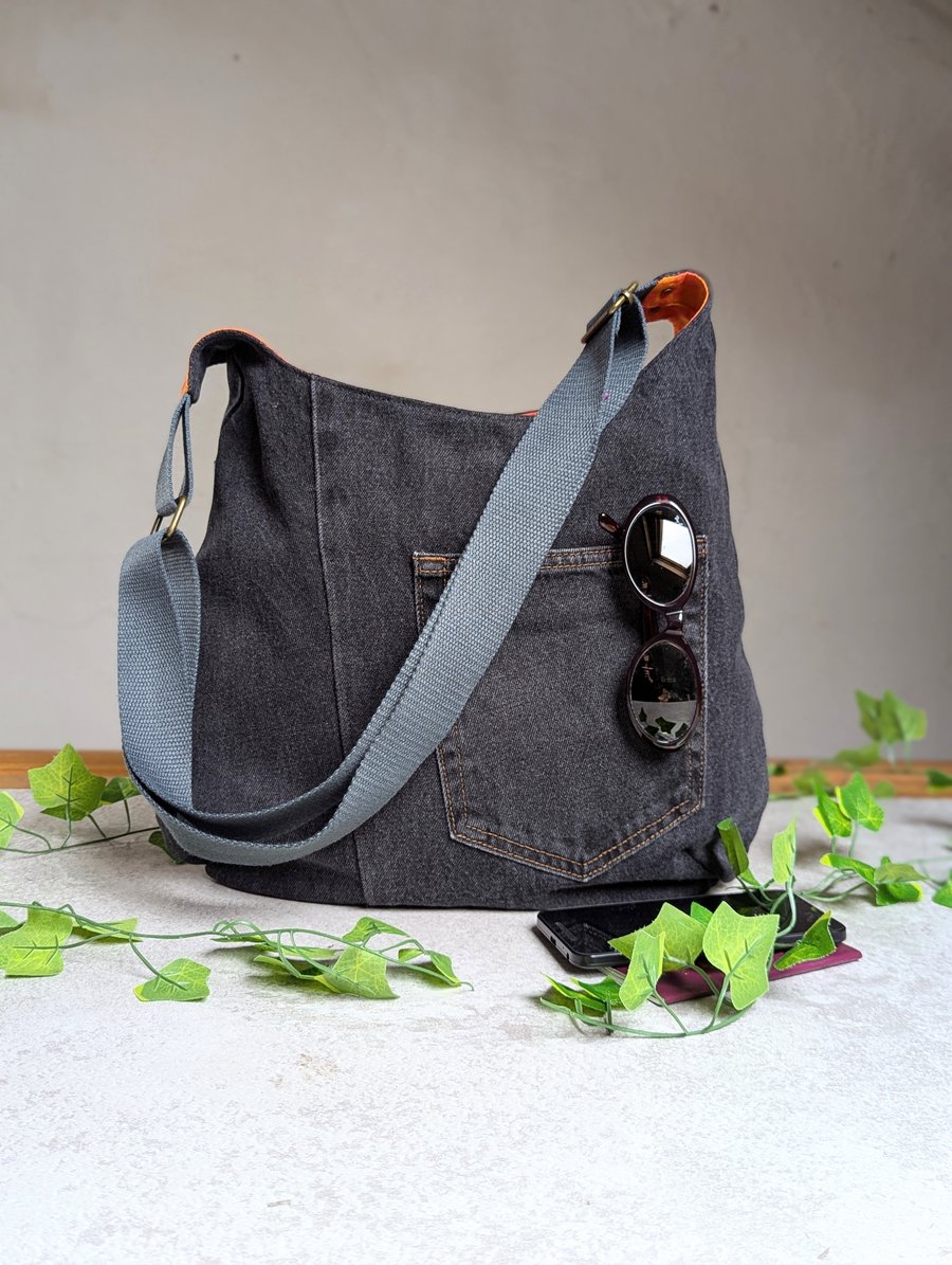 Denim Bag - Black Denim Jeans Cross Body Bag with Retro Orange Lining
