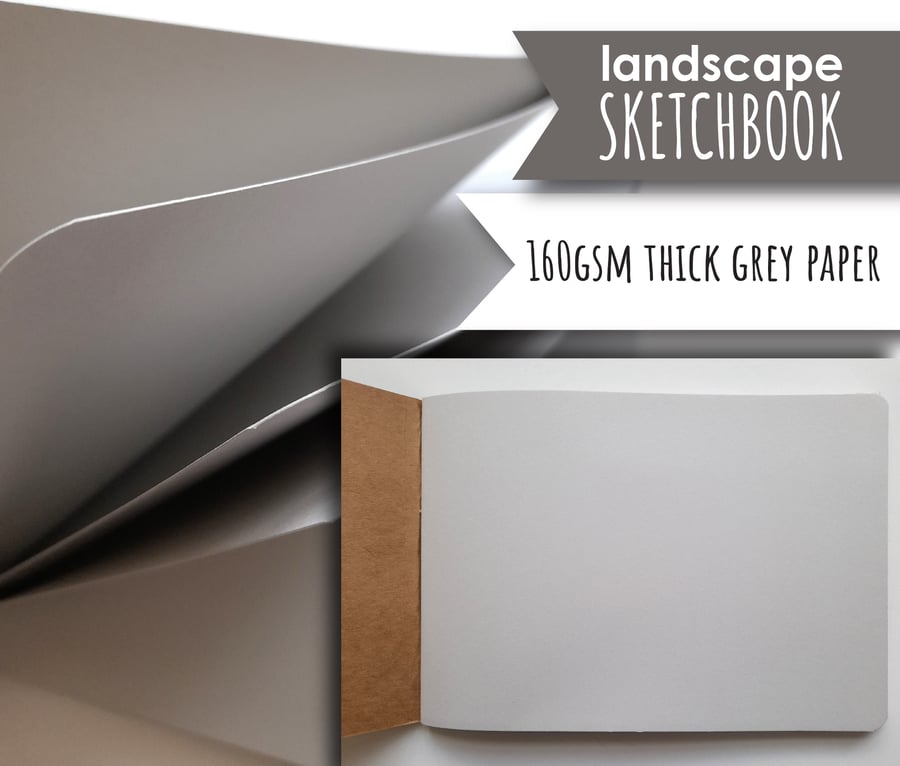 A5 Landscape sketchbook with grey pages for doodling and drawing