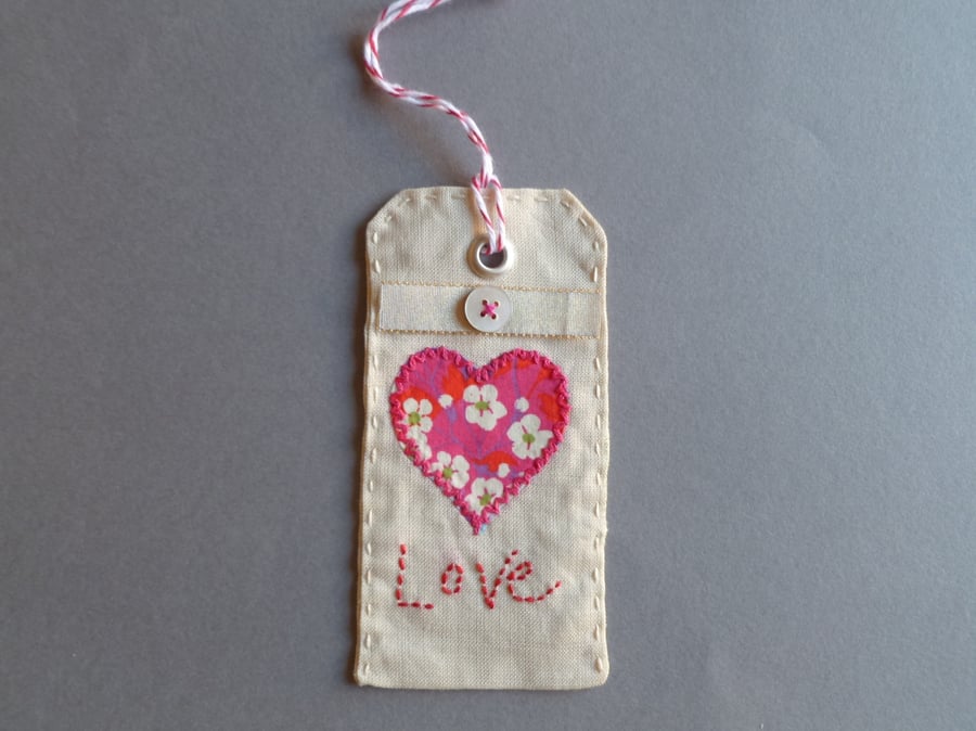 Hand embroidered gift tag with appliqué heart and Vintage button