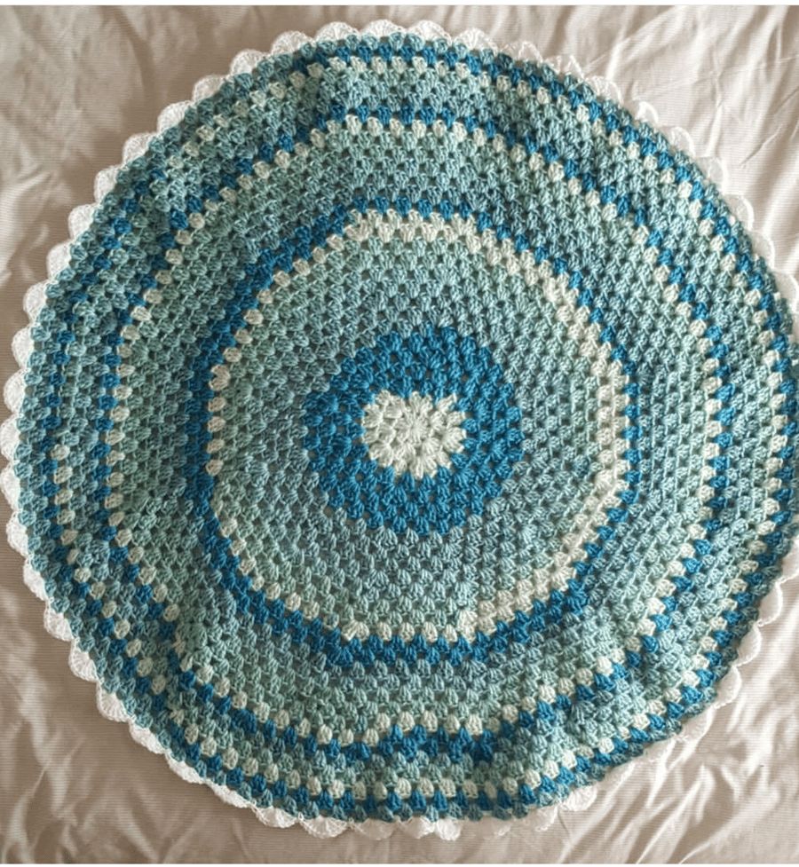 round turquoise crocheted granny baby blanket or throw, 3 ft