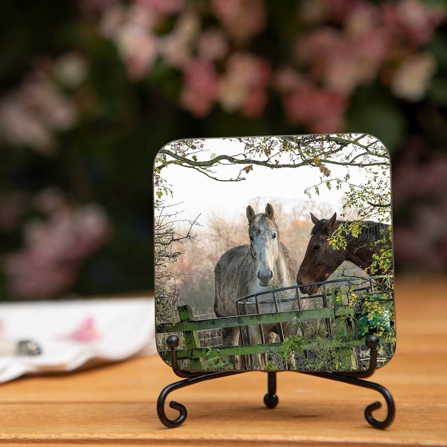 Grazing Horses Wooden Coaster - Original Animal Photo Gifts - Wildlife Scene Coa