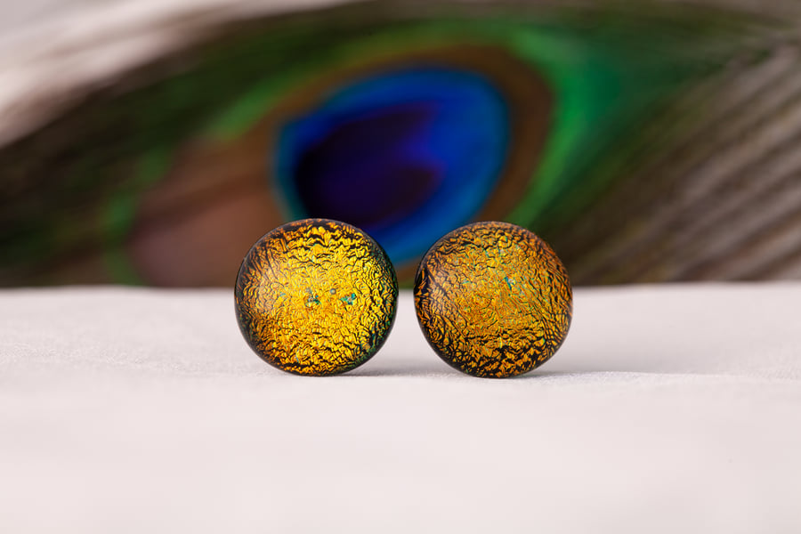 Handmade Golden Copper Fused Glass Sterling Silver Stud Earrings