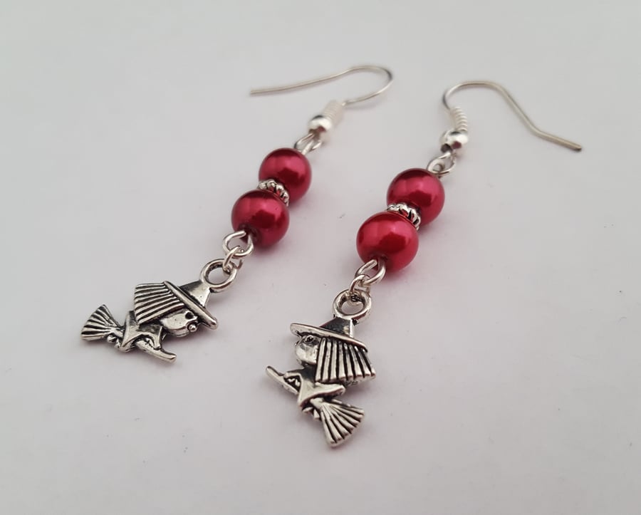 Red and silver Halloween witch earrings