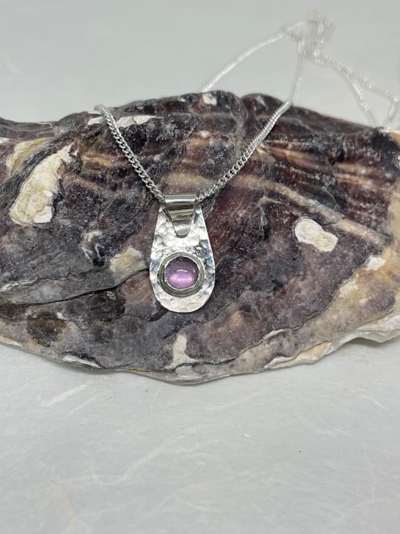 Amethyst hammered fine silver pendant 