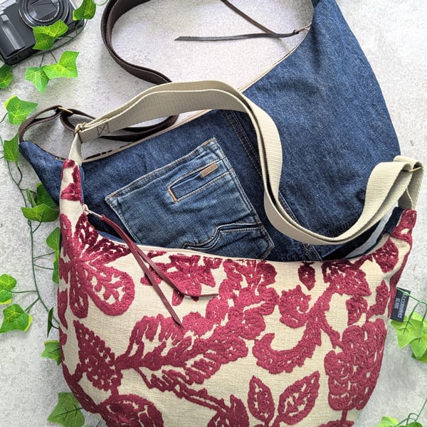 Tapestry and Recycled Denim Large Cross Body Dumpling Bag