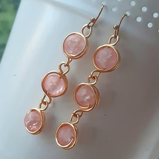 Handmade Pink Wire Wrapped Drop Earrings Gold  Round Beaded Dangle Earring 