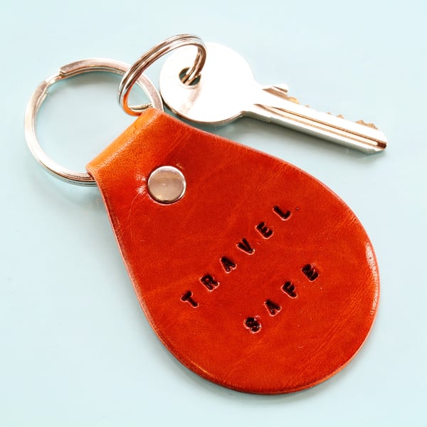 Travel Safe Leather Keyring, Handmade Leather Key Fob, Leather Keychain