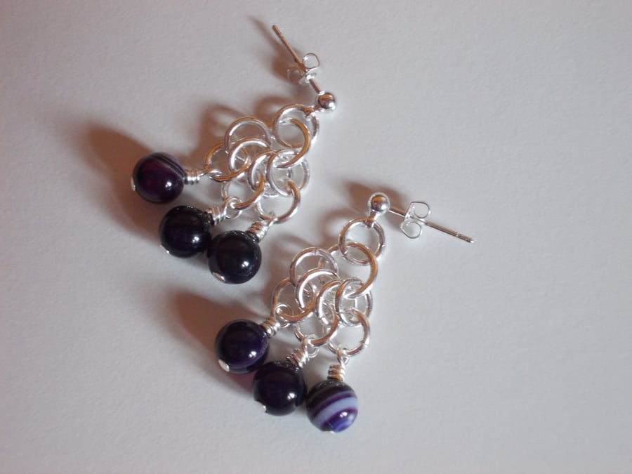 Purple banded agate fan drop earrings