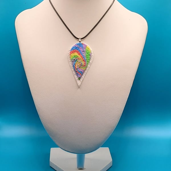 Rainbow polymer clay pendant - unique handmade necklace - teardrop costume jewel