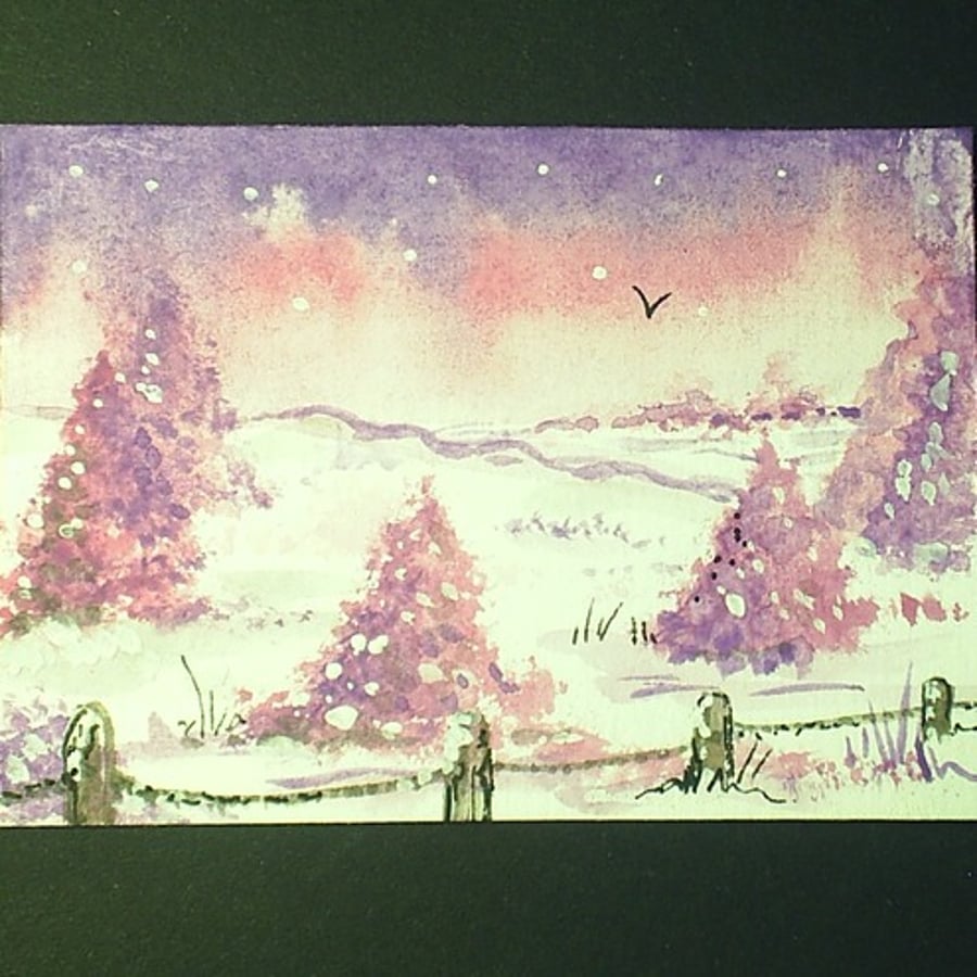 Pink winter trees aceo original by Gweddusart