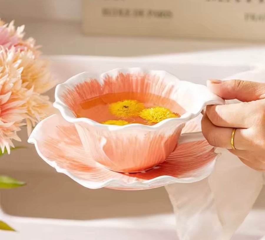 Flower Shaped Ceramic Mug Dish Set Hand-painted