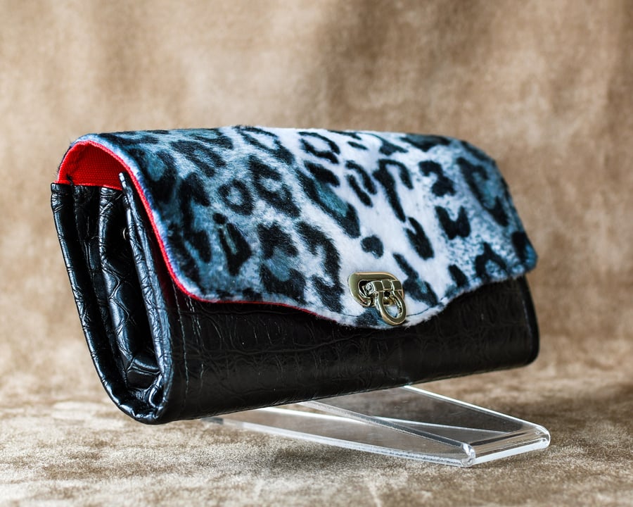 Faux leather crocodile print  and grey leopard fur print clutch purse wallet
