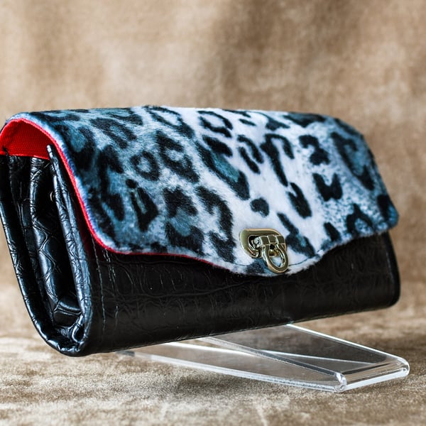 Faux leather crocodile print  and grey leopard fur print clutch purse wallet