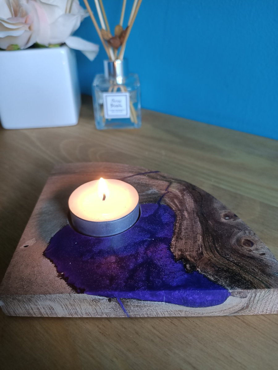 wood tealight candle holder wonky design with purple resin.