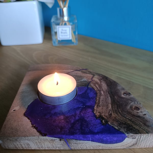 wood tealight candle holder wonky design with purple resin.
