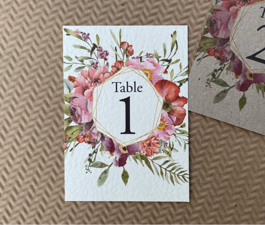Coral, blush pink and mauve flowers wreath TABLE NUMBERS foliage rustic A6 card