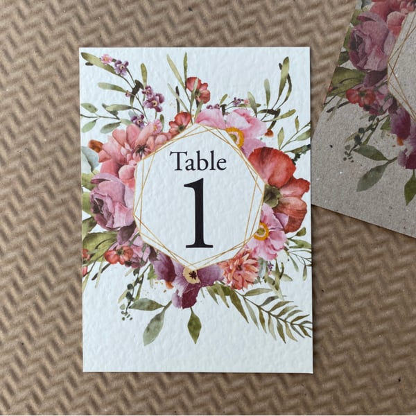 Coral, blush pink and mauve flowers wreath TABLE NUMBERS foliage rustic A6 card