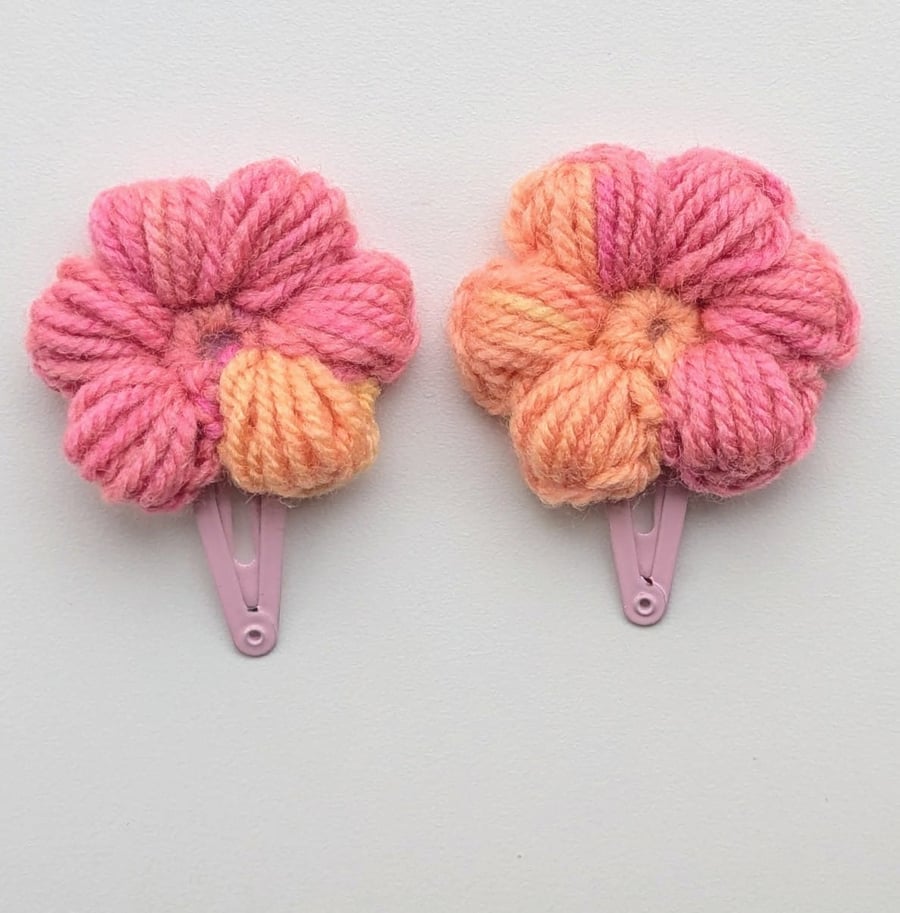Pair of Pink Orange Crochet Flower Hair Clips 
