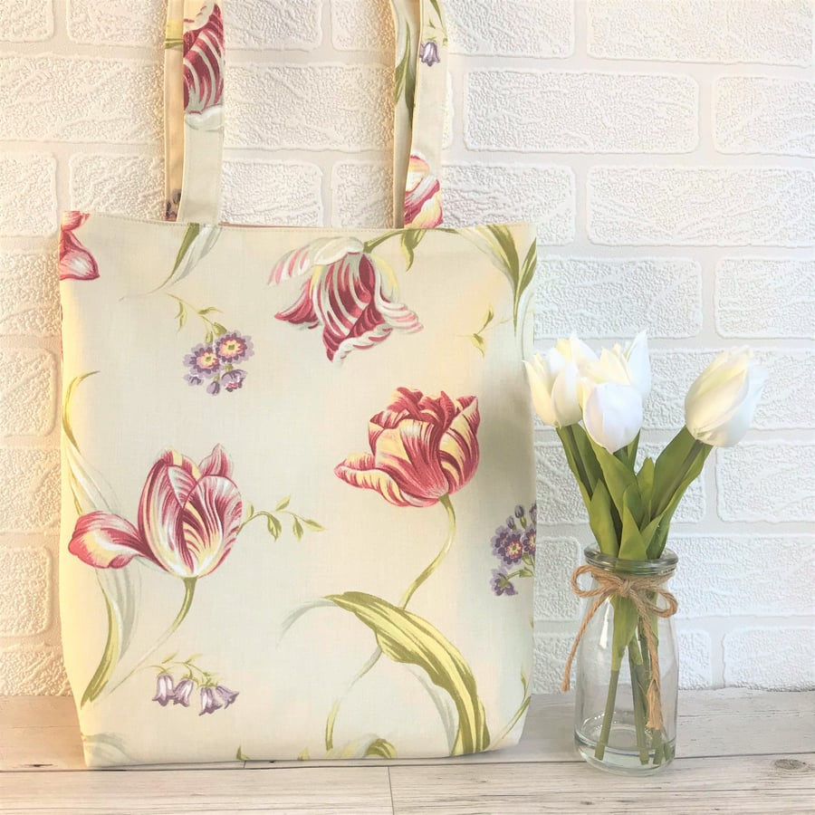Spring flowers tote bag with pink Tulips and purple flowers