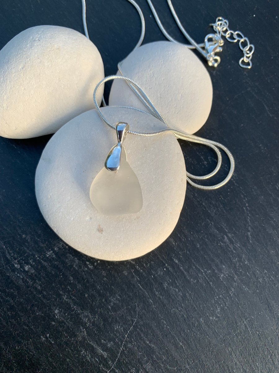 White seaglass and silver plated pendant