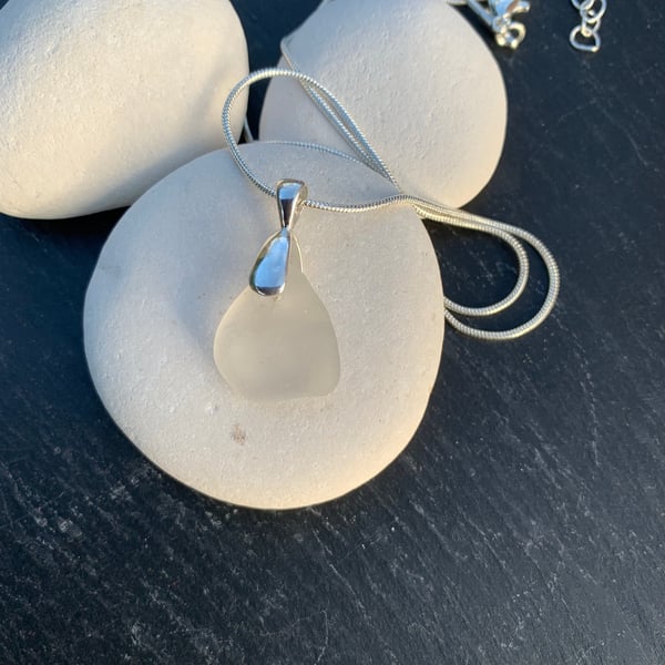 White seaglass and silver plated pendant