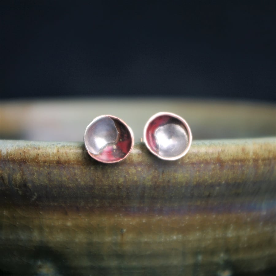 Copper Cup Stud Earrings with Silver Abstract 