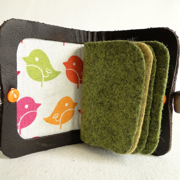 Needle Case in Brown Leather -  Bird Fabric Interior - Needle Book