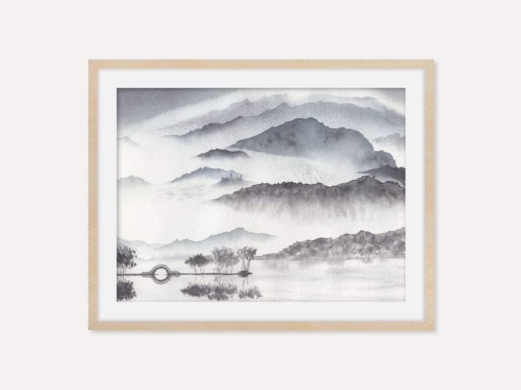 Monochromatic Misty Mountains Wall Art Print, Minimalist Landscape Grey Mountain