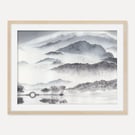 Monochromatic Misty Mountains Wall Art Print, Minimalist Landscape Grey Mountain
