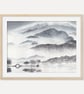 Monochromatic Misty Mountains Wall Art Print, Minimalist Landscape Grey Mountain