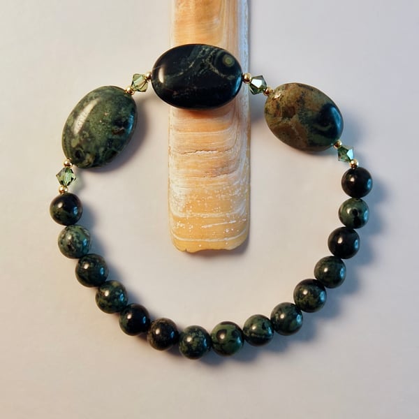 Kambaba Jasper Bracelet With Swarovski Crystals - Handmade In Devon 