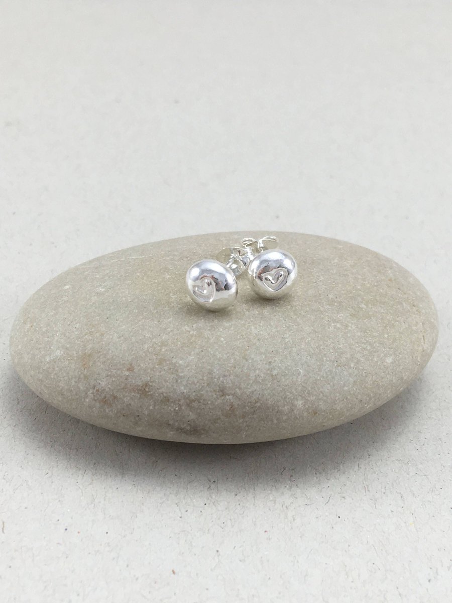 Silver Heart Stud Earrings, Handmade Pebble Studs