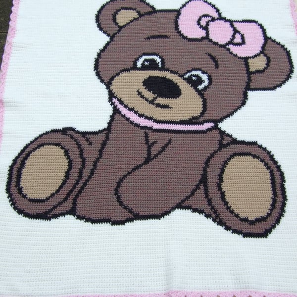 Hand crochet baby blanket or afghan with cute girl teddy bear cot cover throw