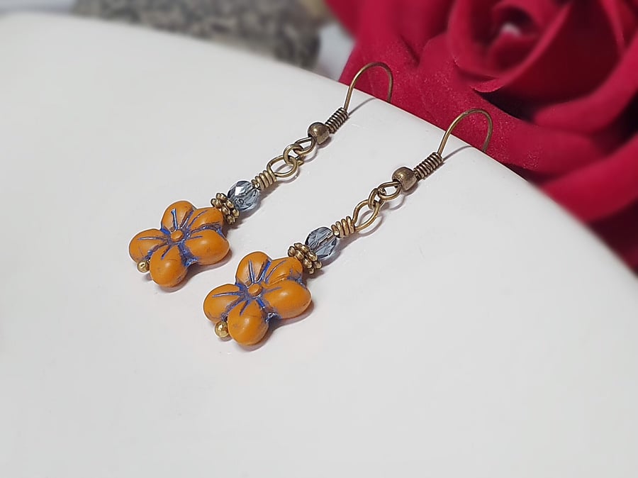 Dark orange & Montana blue floral boho flower earrings