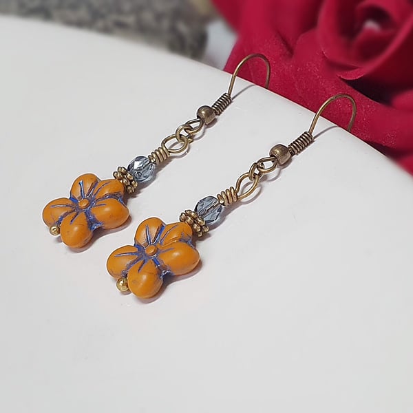 Dark orange & Montana blue floral boho flower earrings