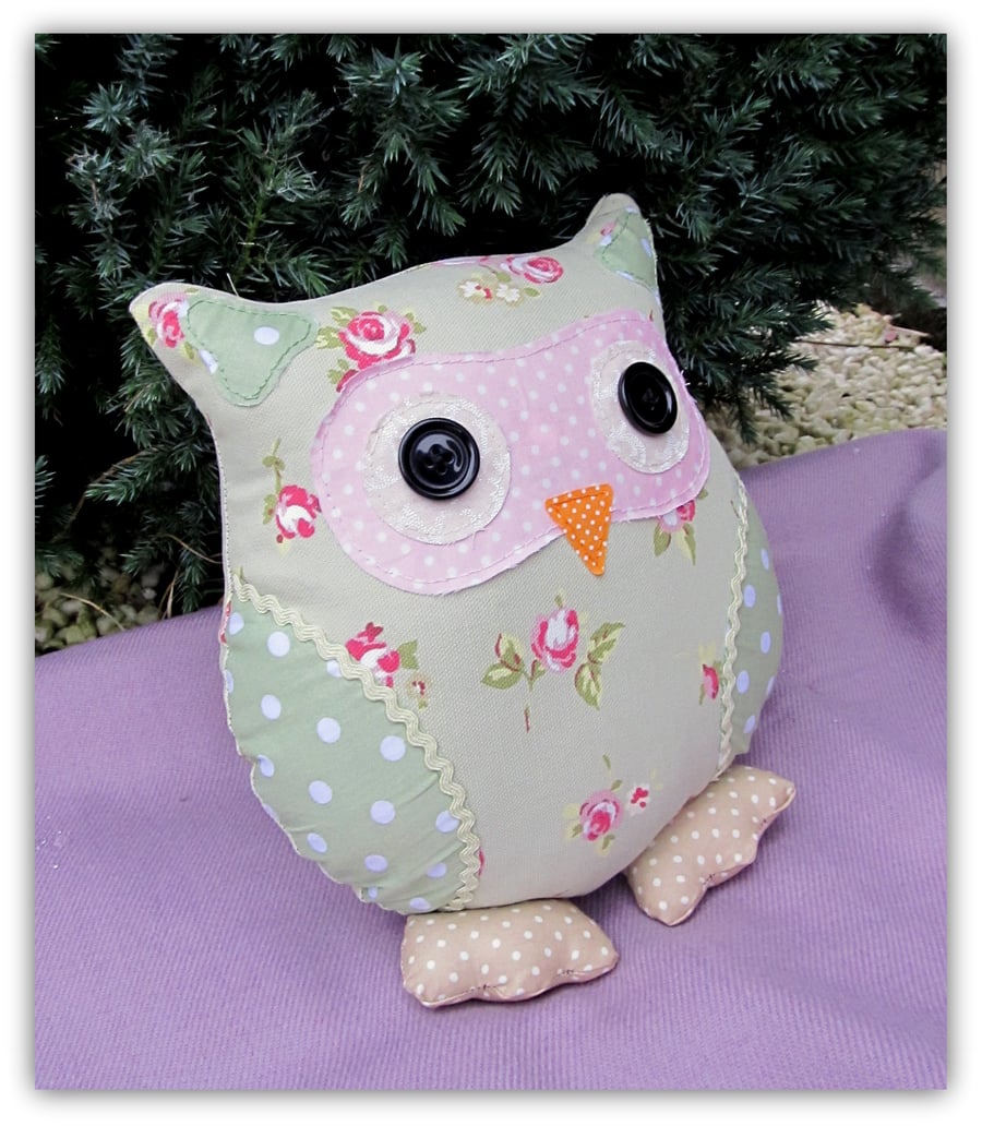 24cm tall owl cushion,  Petunia  Spring.  Easter.