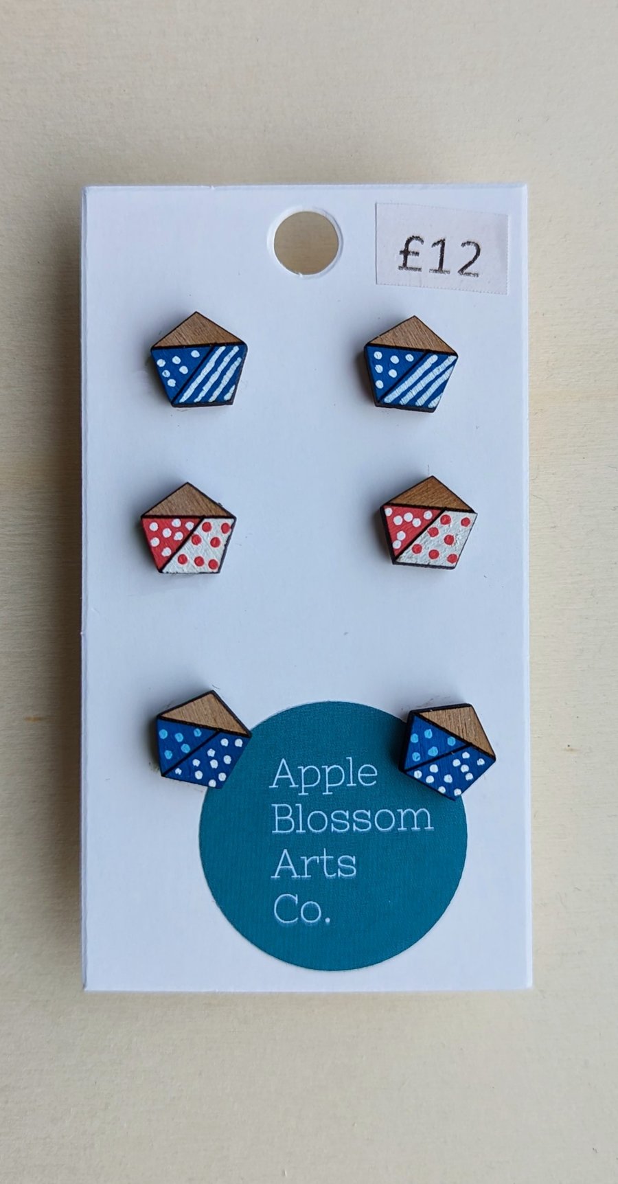 pentagon wooden stud earrings - hypoallergenic stainless steel