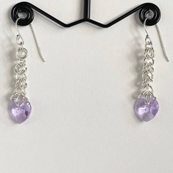 Purple Crystals Heart Sterling Silver Earrings