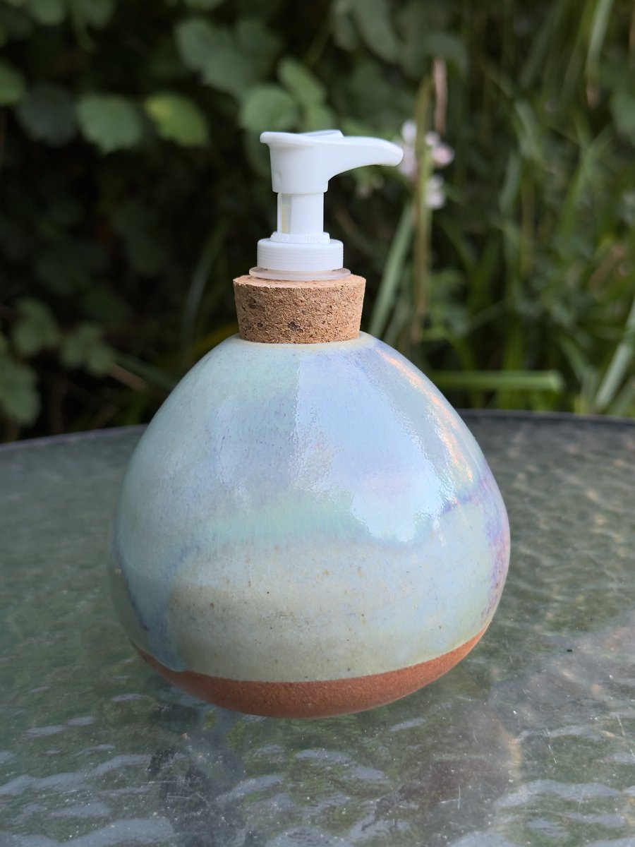 Hand thrown stoneware soap dispenser with pump. Blue green glaze 